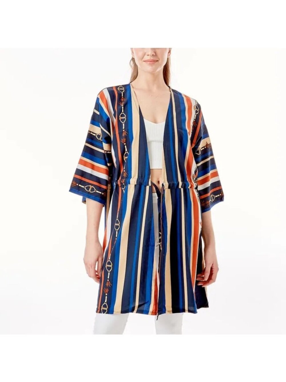 Navy Stripe Horsebit Kimono Cover Up Belted Waist Multi-Tone One Size - Picture 3 of 5